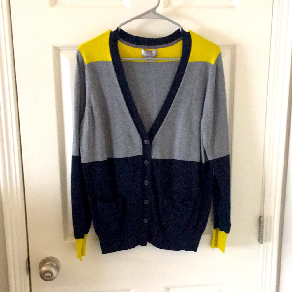 Navy and gray cardigan with yellow accents
